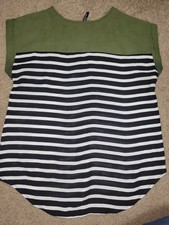 Absolute Angel Olive Green Black White Striped Zip Neck Tunic Top M runs small picture