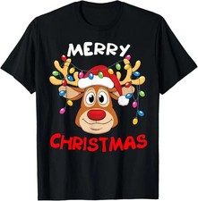 HOT Merry Christmas Reindeer Lights T-Shirt Funny Holiday Xmas Gift Unisex picture