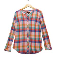 Talbots Seersucker Button Down Shirt Women M Multi Color Plaid Roll Tab Sleeve picture