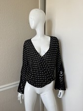 LOVESTITCH Black Floral Gauzy Rayon Draped Peasant Blouse w/ Crochet Sleeves S picture