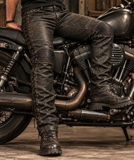 Mens Distressed Black Genuine Leather Biker Pant Side Lace Up Motorcycle Trouser picture