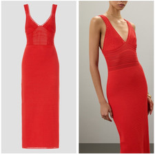 Ronny Kobo Maxi Dress Medium Red Orange Open Back Curve Hugging Knit Crochet picture