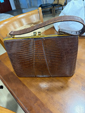 Escort Brown Leather Shoulder Bag Gold Hardware Kiss Lock Animal Print Pockets. picture