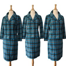 Vintage 60s Suit Mid Century Blue Black Tartan Plaid Wool Skirt Jacket 2pc Set picture