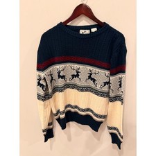 KP Collection Mens Reindeer Fair Isle Knit Sweater Navy Blue Red Cream Vintage picture