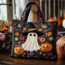 Halloween Quilted Ghost Pumpkin Floral Embroidered Tote Bag Black Fall Handbag picture