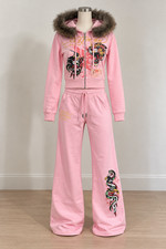 Ed Hardy pink Tiger Design Zip up Faux Fur Hoodie & wide leg trouser small picture