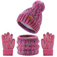3 Pcs Kids Winter Beanie Hat Gloves Scarf Set, Thick 2-8, Purple A, 2-8 picture