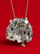 Silver Sequin Drawstring Evening Bag Chain Strap Tassel Clutch Purse OS picture