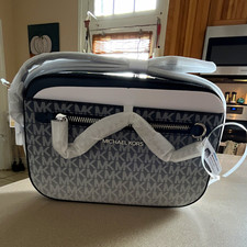 Michael Kors Jet Set Logo Zip Chain Crossbody Bag Navy Silver Detach Strap picture
