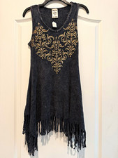 Vocal Gray Sleeveless Knit Tunic Tank Fringe Rhinestone Fleur-de-Lis M picture