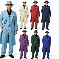 British Men's Zoot Suit Wedding Groom Tuxedo Evening Party Prom Long Coat 3pcs picture