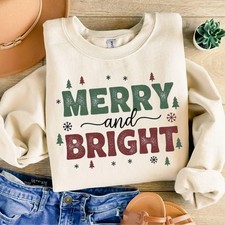 Merry and Bright Sweatshirt Christmas Family Holiday Top Women Gift picture
