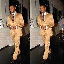Gold Satin Men's Suit Fashion Wedding Tuxedos Party Prom Three Pieces Slim Fit picture