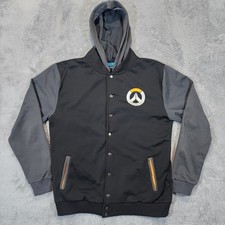 Blizzard Overwatch Jacket Hoodie Mens 2XL Black Gray Logo Varsity Snap Button picture
