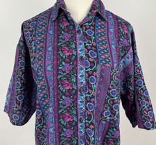 Vintage 80s Shirt Womens Medium Colorful Paisley Striped Button Up Bohemian Boho picture