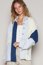 POL Clothing Textured Cable Knit Jacket in Blue Cream Size M picture