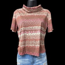 Vtg 70s Floral Top Womens M Brown Pink Cowl Neck Boho Hippie Short Sleeve Shirt picture