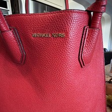 Michael Kors Jet Set Red Pebbled Leather Tote Zip Top Detachable Strap picture