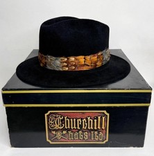 Vintage 1970s NWT Makins NY Black Fedora Hat Pheasant Feather Band Churchill Box picture