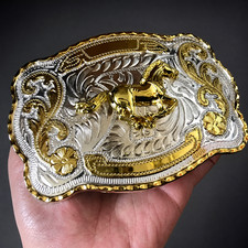 Gold Horse Belt Buckle Mens Western Cowboy Rodeo 40mm Large Silver Engraved picture