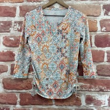T by TALBOTS Top Womens Small Multicolor Boho Floral Abstract Slub Ruched Shirt picture
