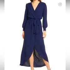 Fraiche by J Navy Blue Faux Wrap Maxi Dress Puff Sleeve Tulip Hem New M FD3611 picture
