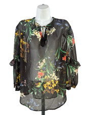 Chico's Women's Black Floral Semi-Sheer Floral Ruffle Sleeve Blouse - 2/US 12 picture