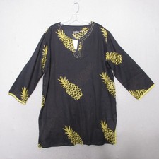 KikiSol Tunic XL Pineapple Print Cotton Beach Coverup Black Yellow Hand Printed picture