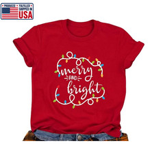 Merry And Bright T-Shirt Christmas Lights Graphic Tee Xmas Holiday Shirt picture