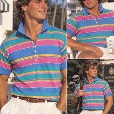 Jantzen vintage 80s multi-colored horizontal striped polo shirt preppy costume picture