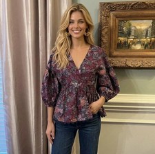 NWOT KIKA VARGAS Purple Floral Blouse Puff Blouse Top 100% Cotton Sz M picture