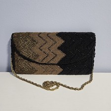 Vintage 1960s MISTER ERNEST Black & Gold Beaded Clutch Shoulder Bag Chevron picture