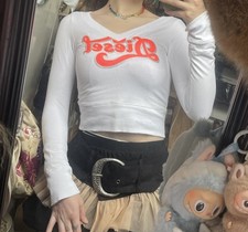 VINTAGE 2000s Y2K DIESEL White Long Sleeve Neon Logo Crop Top Designer XXS-S picture