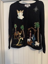 Vtg Tiara International Nativity Scene Christmas Cardigan Sweater Black Sequin M picture
