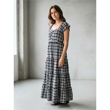 NWT THE GREAT. Plaid Cap Sleeve Tiered Dress Black Cream Check Sz 1 (S) Cotton picture