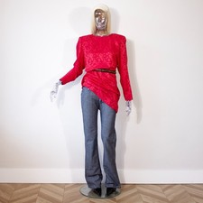 Vintage 1980s Valentino Crimson Silk Jacquard Floral Blouse Long Sleeves M-L picture