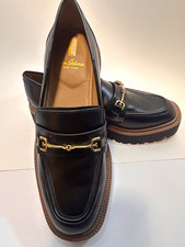 Sam Edelman New York Black Leather Loafers Gold Tone Bit Lug Sole Women’s 7.5 picture