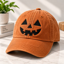Halloween Pumpkin Jack O Lantern Baseball Cap Washed Cotton Orange Dad Hat picture