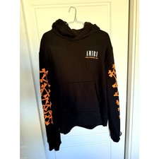 AMIRI Hollywood CA Bones Popover Hoodie Mens L Black Orange PS22MJG024-063 picture