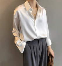 Women Autumn Fashion Button Up Satin Silk Shirt Vintage Blouse White Long Sleeve picture