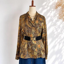 VTG 80s PARTNERS Mode Vallie 100% Silk Paisley Wrap Blouse Brown Gold Japan picture