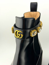 Gucci Men's Black Leather Chelsea Ankle Boots US 8 GG Logo Crystal Strap picture