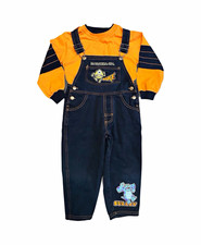 Vintage Disney Monsters, Inc. Mike & Sulley 2pc Denim Overalls + Orange Shirt picture