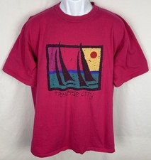 Vintage 90s Traverse City Michigan Pink Graphic Print T-Shirt XL Made In USA picture