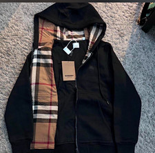 Burberry Men’s Black Full Zip Hooded Hoodie w/ Check Lining Pockets Logo M picture