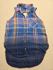 a.n.a Womens Shirt Blouse Size Medium No Sleeve Button Up Blue Plaid picture