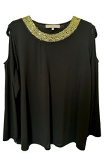 CLASSY CHLOE & JASMINE COLD SHOULDER BLACK WITH GOLD SEQUINS COLLAR TOP-SIZE 1X picture