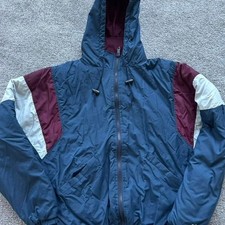Vintage 90s DeLONG USA Colorblock Hooded Jacket Navy Burgundy Large picture