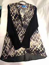 Simply Vera Vera Wang Women’s L Black/Gray Geometric Sheer Knit V-Neck Blouse picture